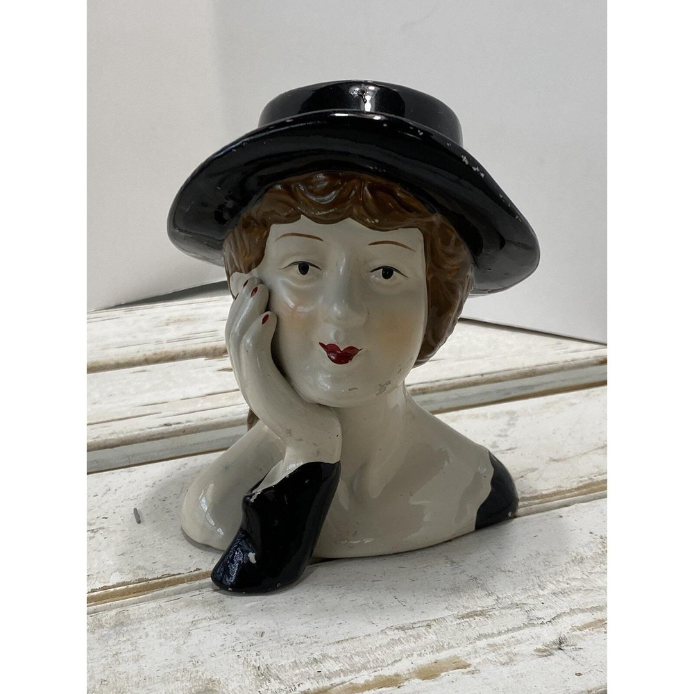 Vintage Porcelain Bust Lady in Hat Head Figurine MCM Retro Collectible